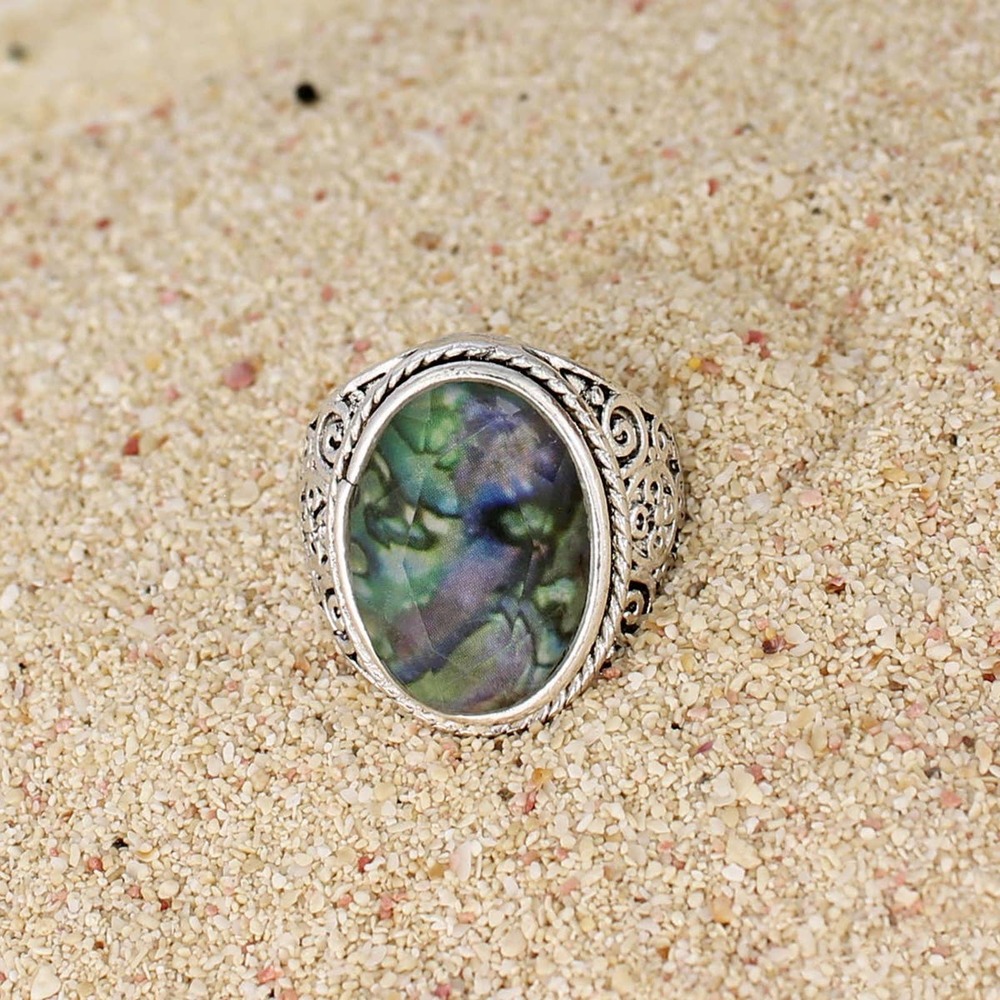 Vintage Look Abalone Shell Print Silver Scroll Shell Ring